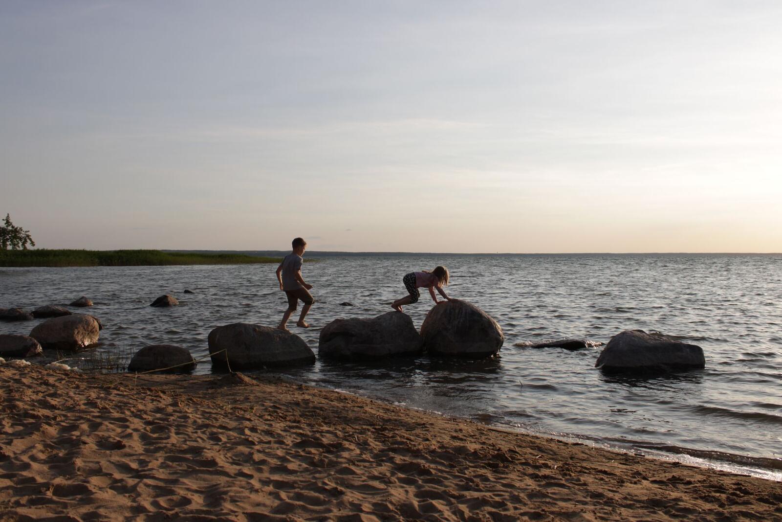 Children climbing over rocks on a beach at low tide