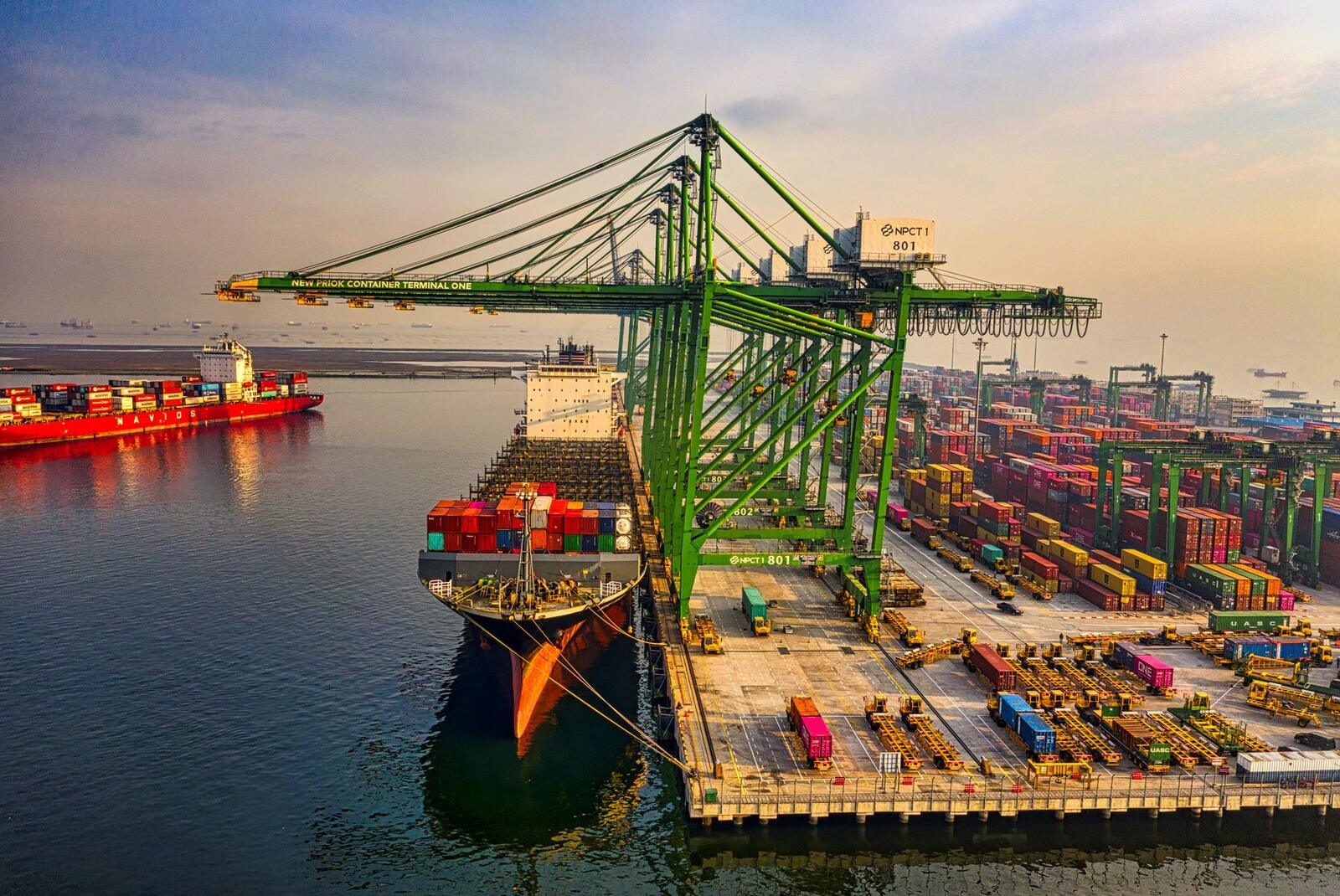 Container ship berthed beneath gantry cranes at a port