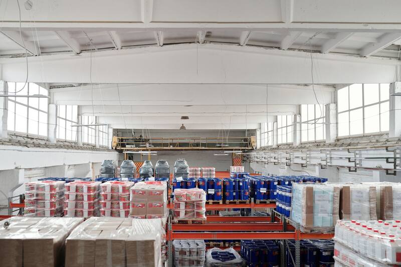 Interior of a distribution warehouse with stacked goods